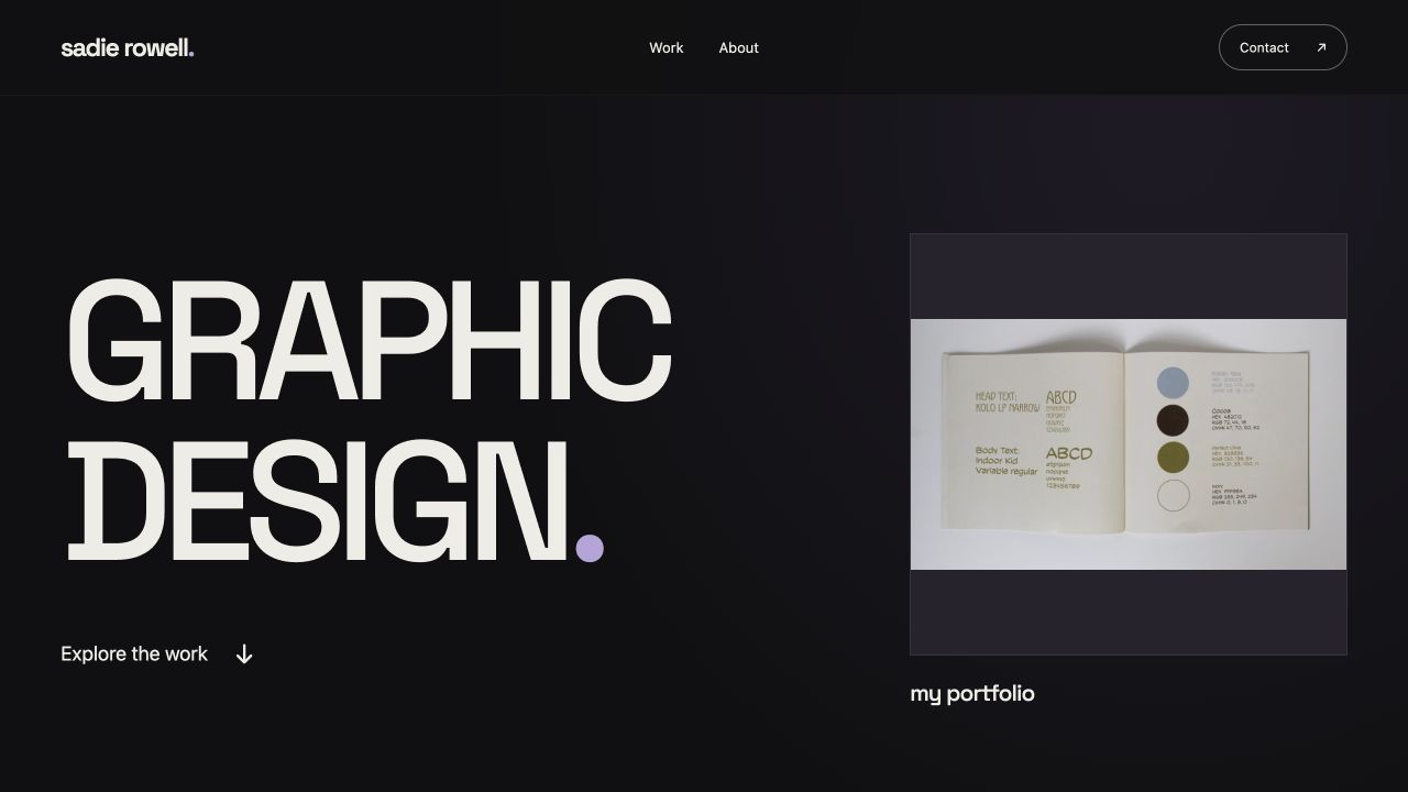 Sadie Rowell’s graphic design website, with oversized typography and a featured artwork preview