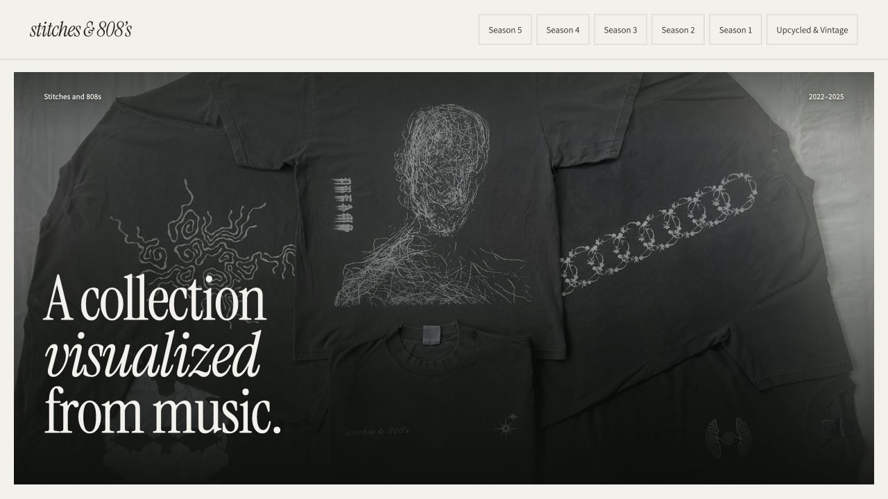 Stitches and 808s fashion archive website, with original collection photography and editorial typography